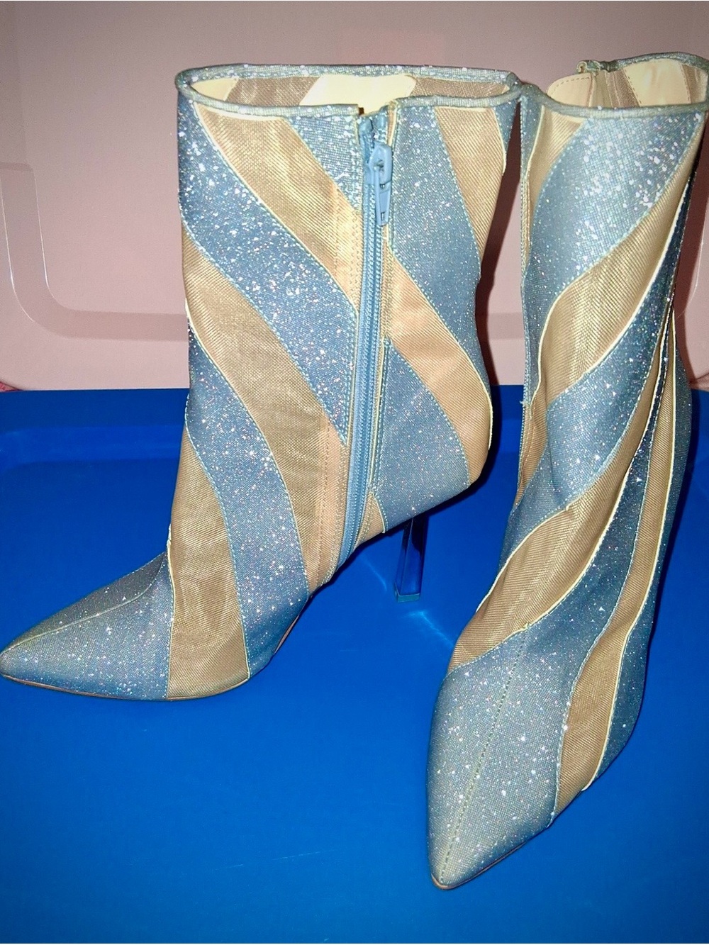 Betsey Johnson Blue Glitter and Gold Stripe Ankle Boots